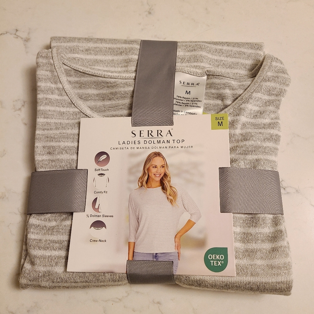 NWT Serra Ladies Dolman Top Medium Gray White